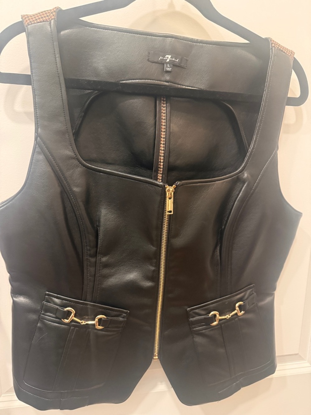 7 for all mankind -Faux Leather Zip-Front Vest with Gold Hardware - Black